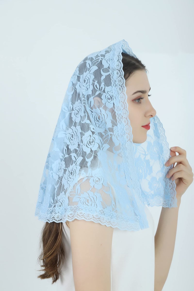 Grettytling Lace Mantilla Veil Soft and comfortable 7 Colors Spanish Style Rose Lace Veil Head Covering D Shape (Blue) - Image 3
